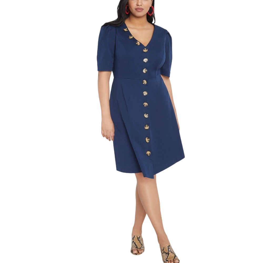 Eloquii A Line Button Front Dress Size 16 Navy Blue Work Career Office Business